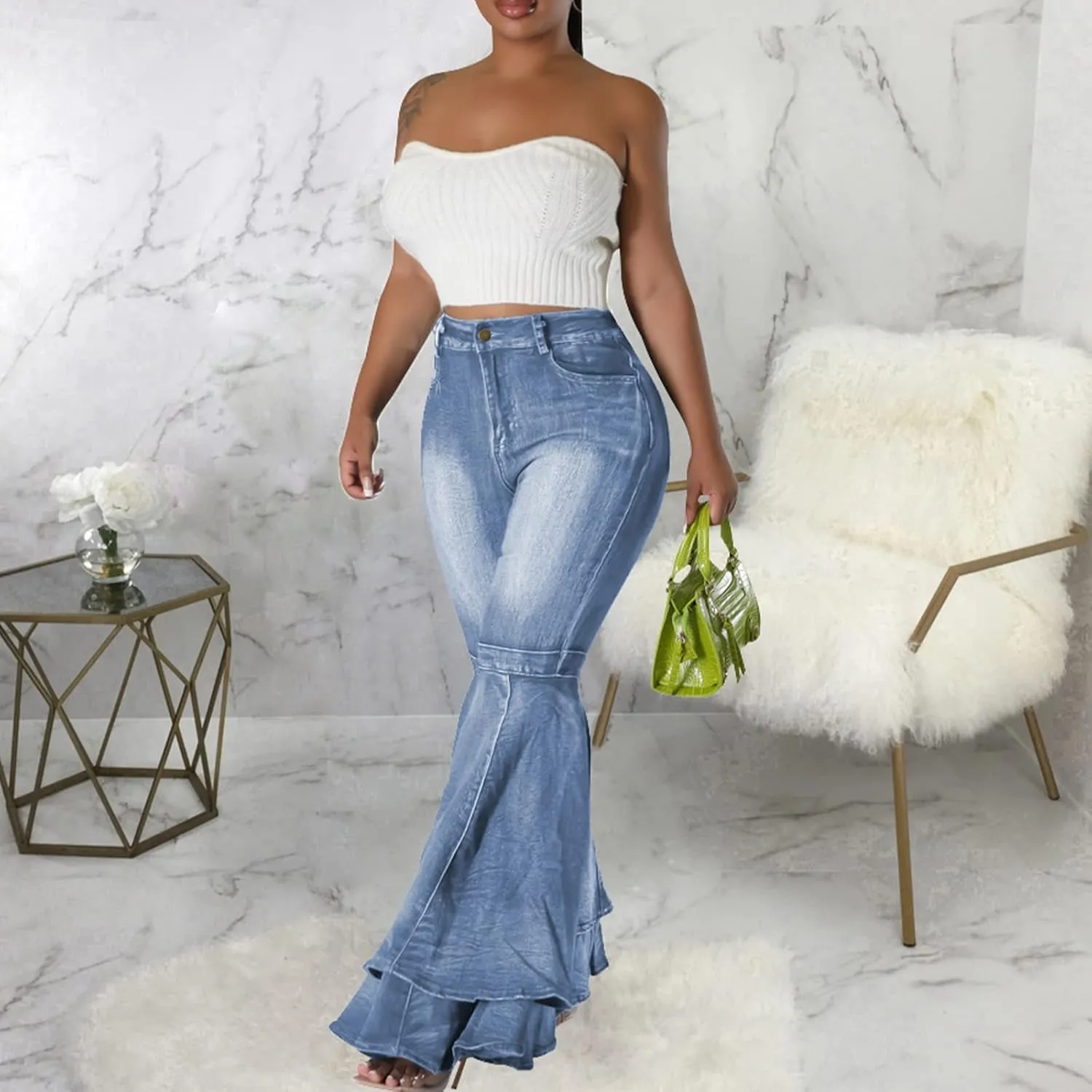 Conshvi Women's High Waisted Bell Bottom Jeans Layered Ruffle Patchwork Wide Leg Flare Denim Pants
