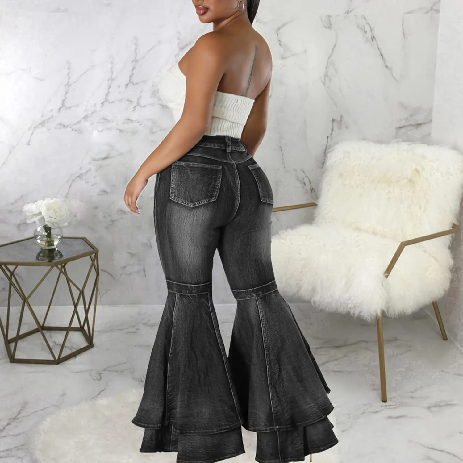 Conshvi Women's High Waisted Bell Bottom Jeans Layered Ruffle Patchwork Wide Leg Flare Denim Pants