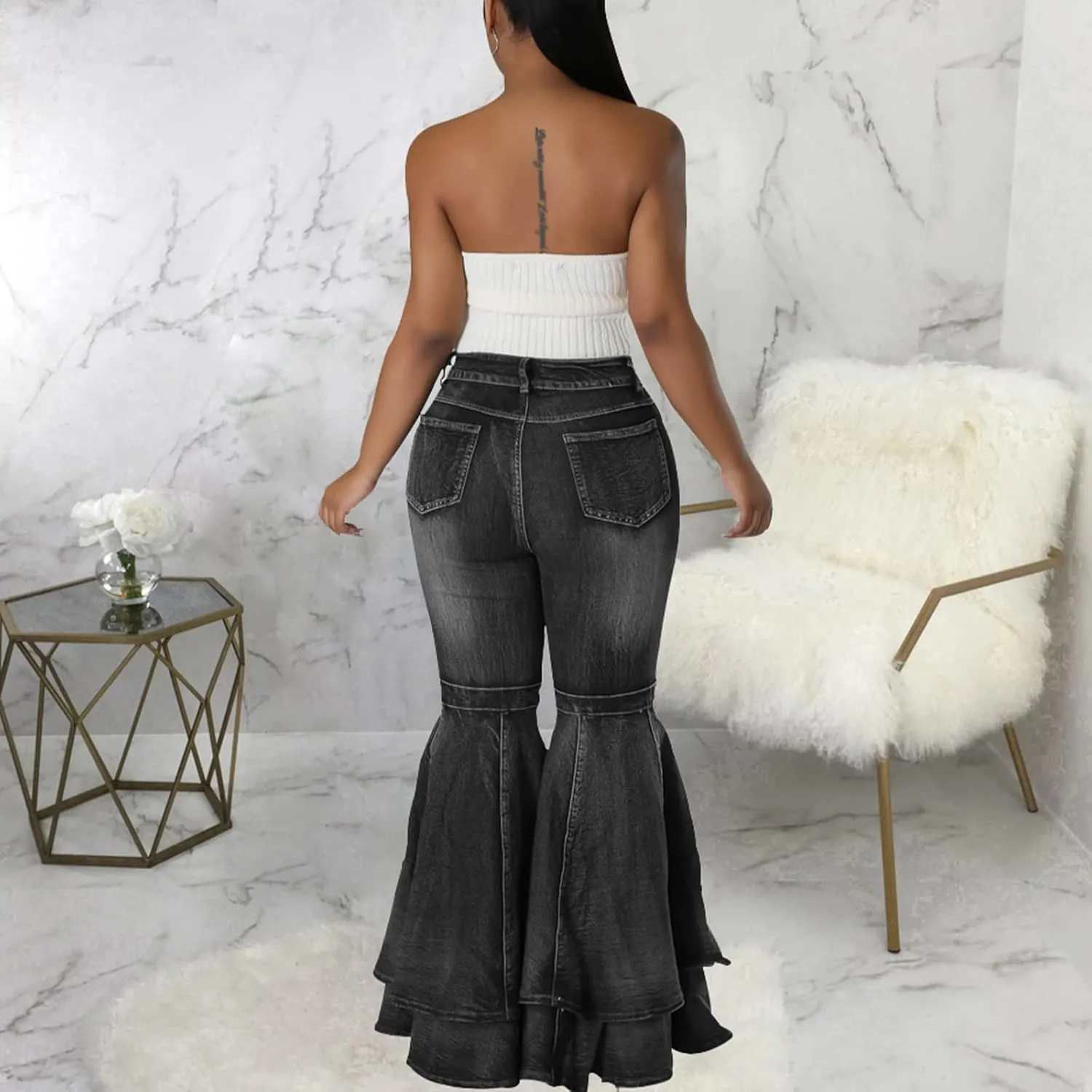Conshvi Women's High Waisted Bell Bottom Jeans Layered Ruffle Patchwork Wide Leg Flare Denim Pants