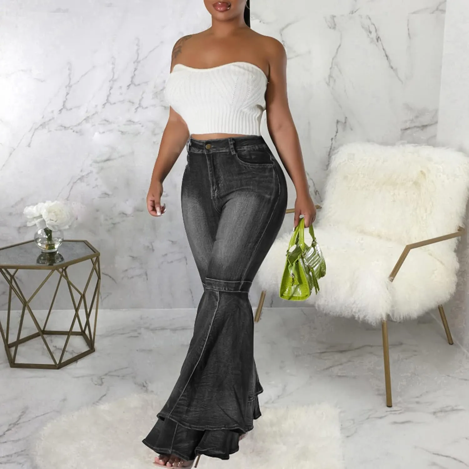 Conshvi Women's High Waisted Bell Bottom Jeans Layered Ruffle Patchwork Wide Leg Flare Denim Pants