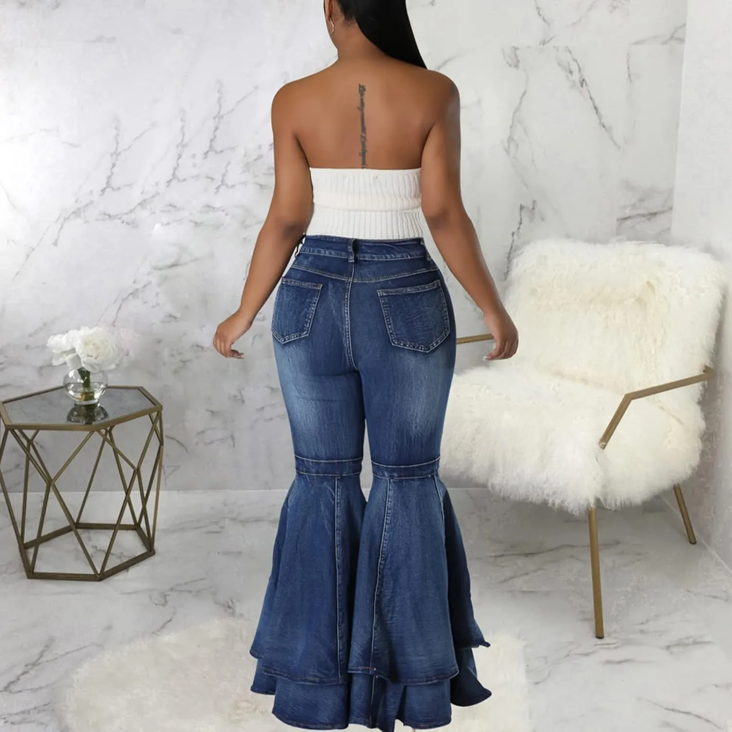 Conshvi Women's High Waisted Bell Bottom Jeans Layered Ruffle Patchwork Wide Leg Flare Denim Pants