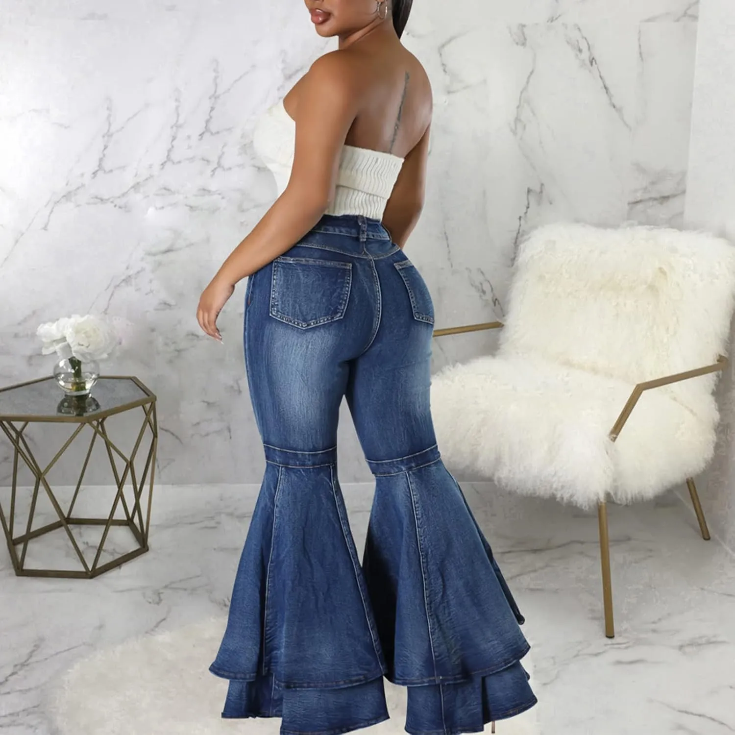 Conshvi Women's High Waisted Bell Bottom Jeans Layered Ruffle Patchwork Wide Leg Flare Denim Pants