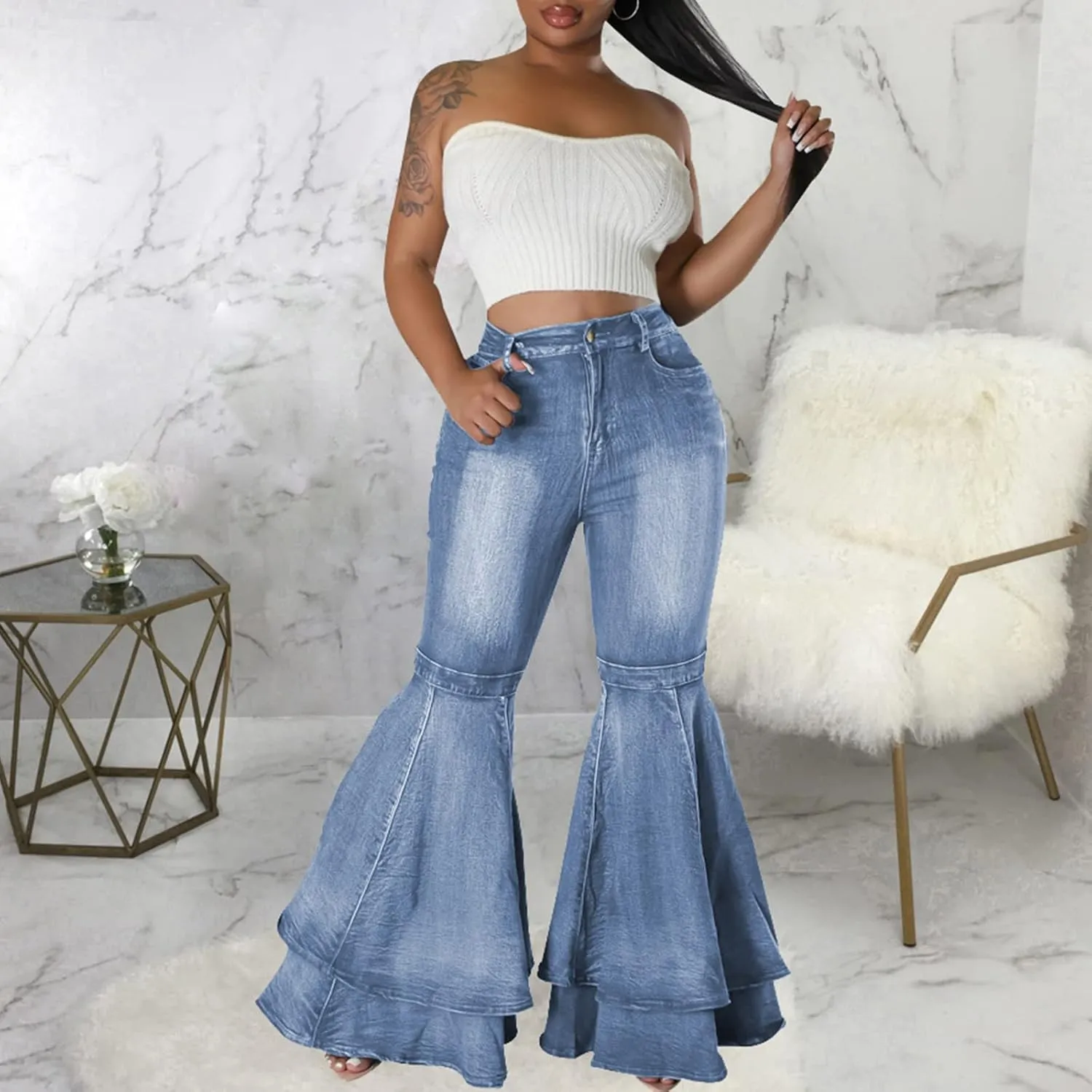 Conshvi Women's High Waisted Bell Bottom Jeans Layered Ruffle Patchwork Wide Leg Flare Denim Pants