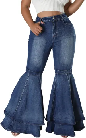 Conshvi Women's High Waisted Bell Bottom Jeans Layered Ruffle Patchwork Wide Leg Flare Denim Pants