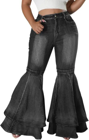 Conshvi Women's High Waisted Bell Bottom Jeans Layered Ruffle Patchwork Wide Leg Flare Denim Pants