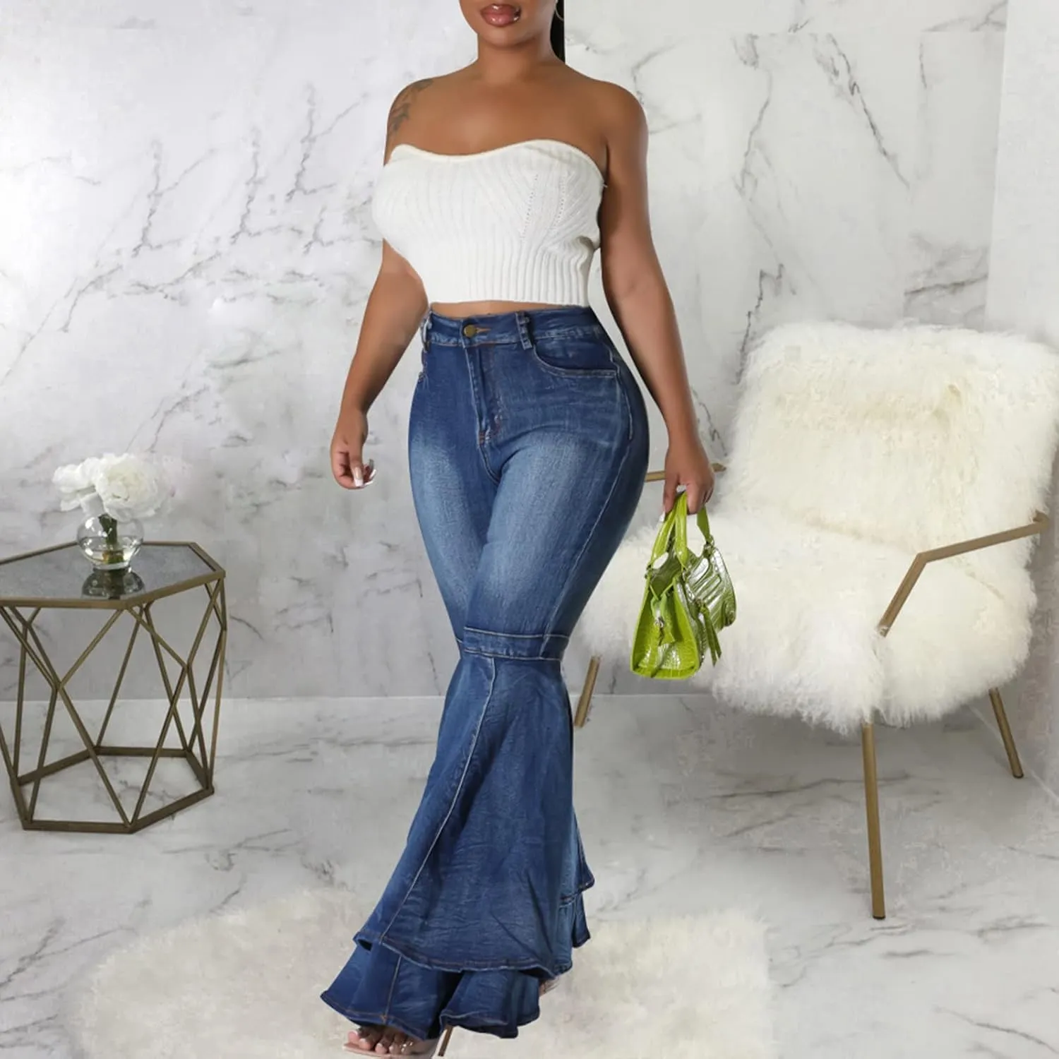 Conshvi Women's High Waisted Bell Bottom Jeans Layered Ruffle Patchwork Wide Leg Flare Denim Pants