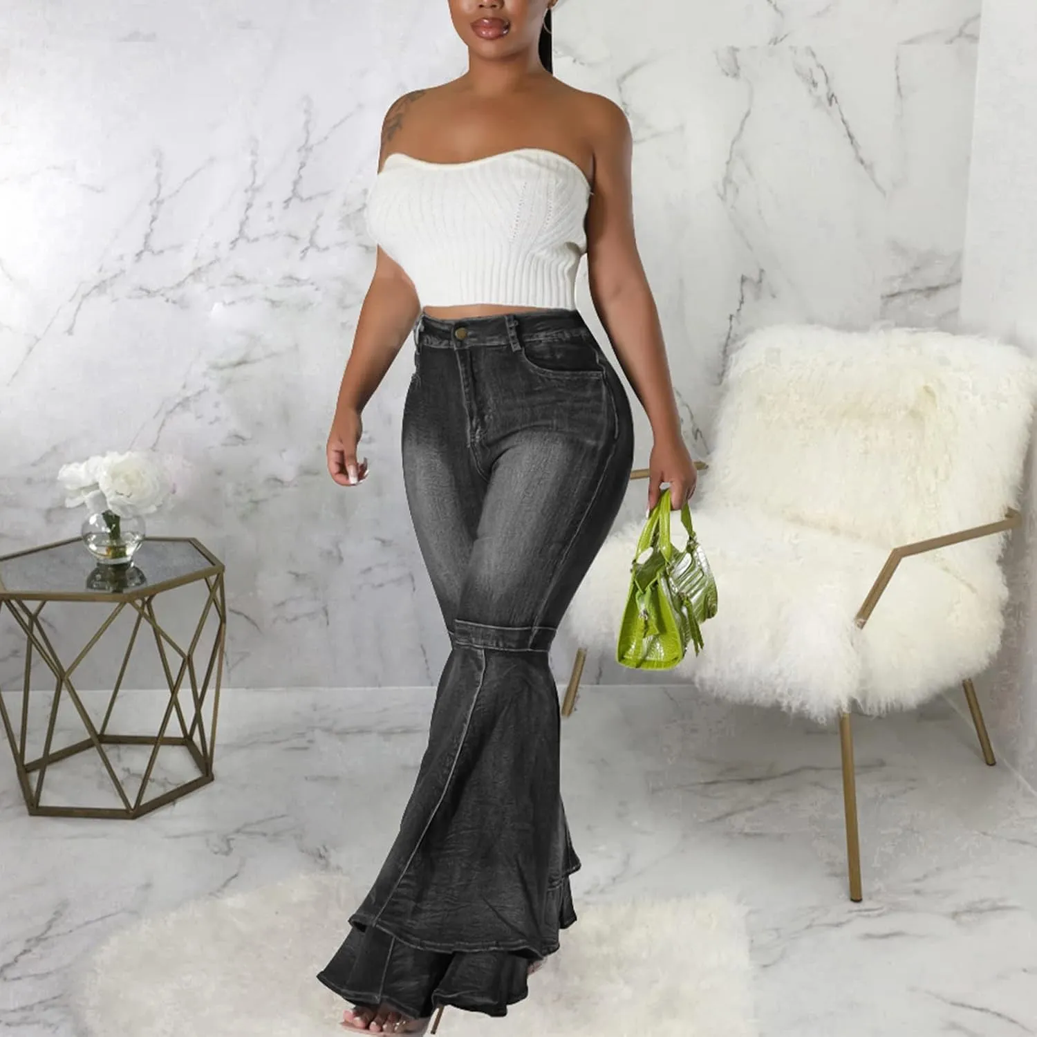 Conshvi Women's High Waisted Bell Bottom Jeans Layered Ruffle Patchwork Wide Leg Flare Denim Pants