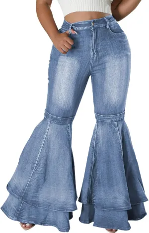 Conshvi Women's High Waisted Bell Bottom Jeans Layered Ruffle Patchwork Wide Leg Flare Denim Pants