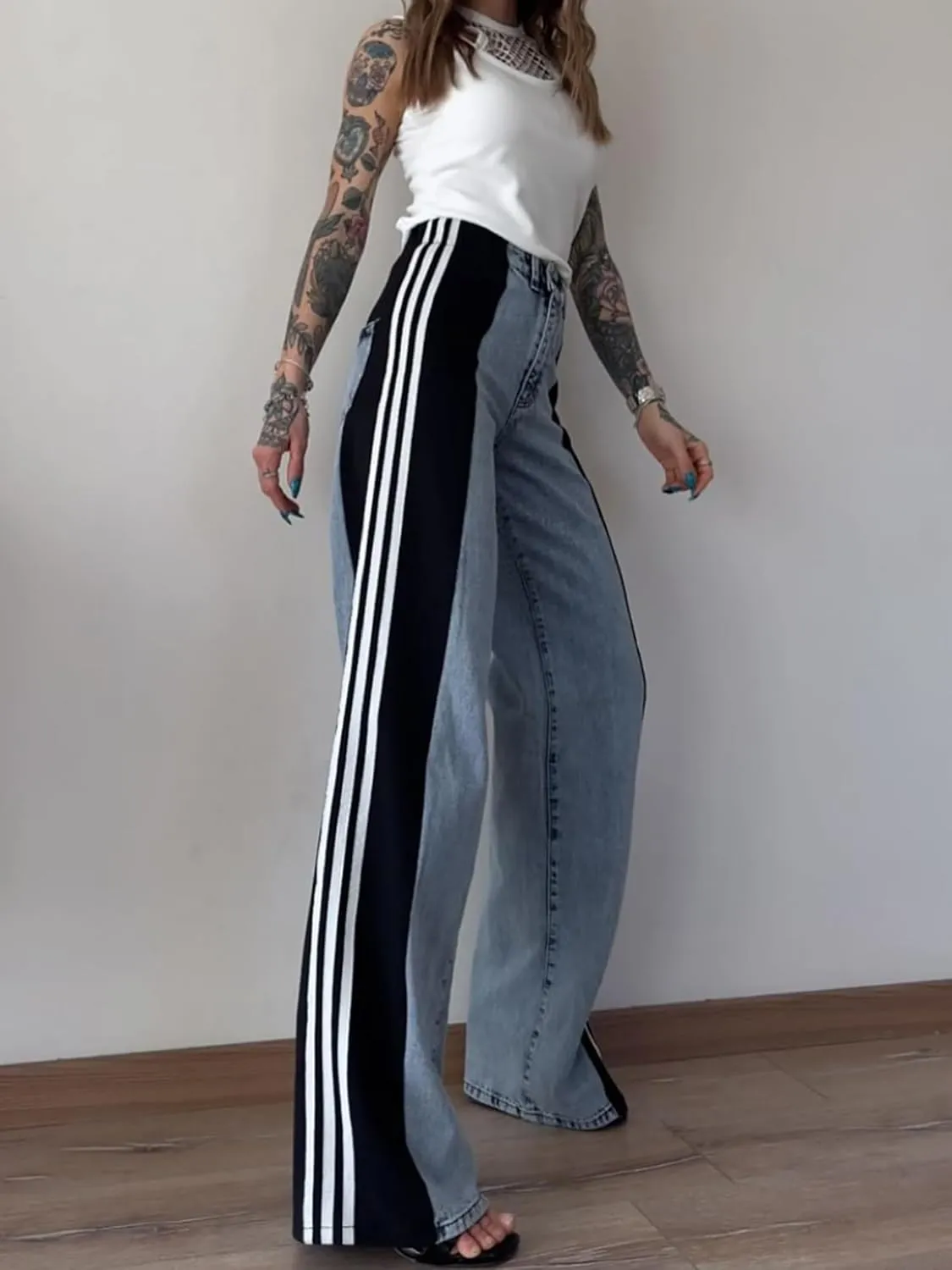 Conshvi Women's Wide Leg Jeans Striped Patchwork High Waisted Stretch Baggy Jeans Trendy Color Block Straight Leg Denim Pants
