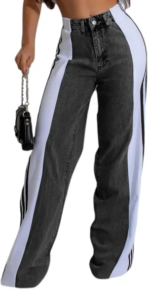 Conshvi Women's Wide Leg Jeans Striped Patchwork High Waisted Stretch Baggy Jeans Trendy Color Block Straight Leg Denim Pants