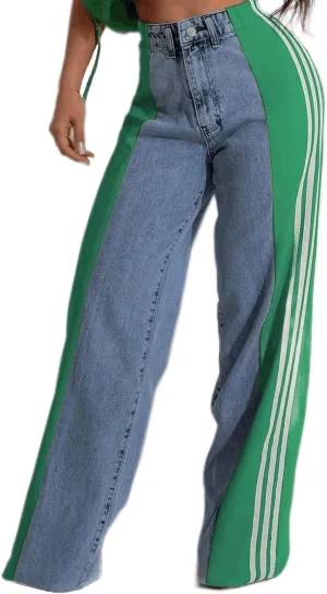 Conshvi Women's Wide Leg Jeans Striped Patchwork High Waisted Stretch Baggy Jeans Trendy Color Block Straight Leg Denim Pants