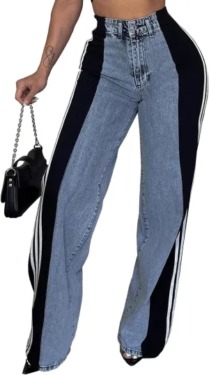Conshvi Women's Wide Leg Jeans Striped Patchwork High Waisted Stretch Baggy Jeans Trendy Color Block Straight Leg Denim Pants