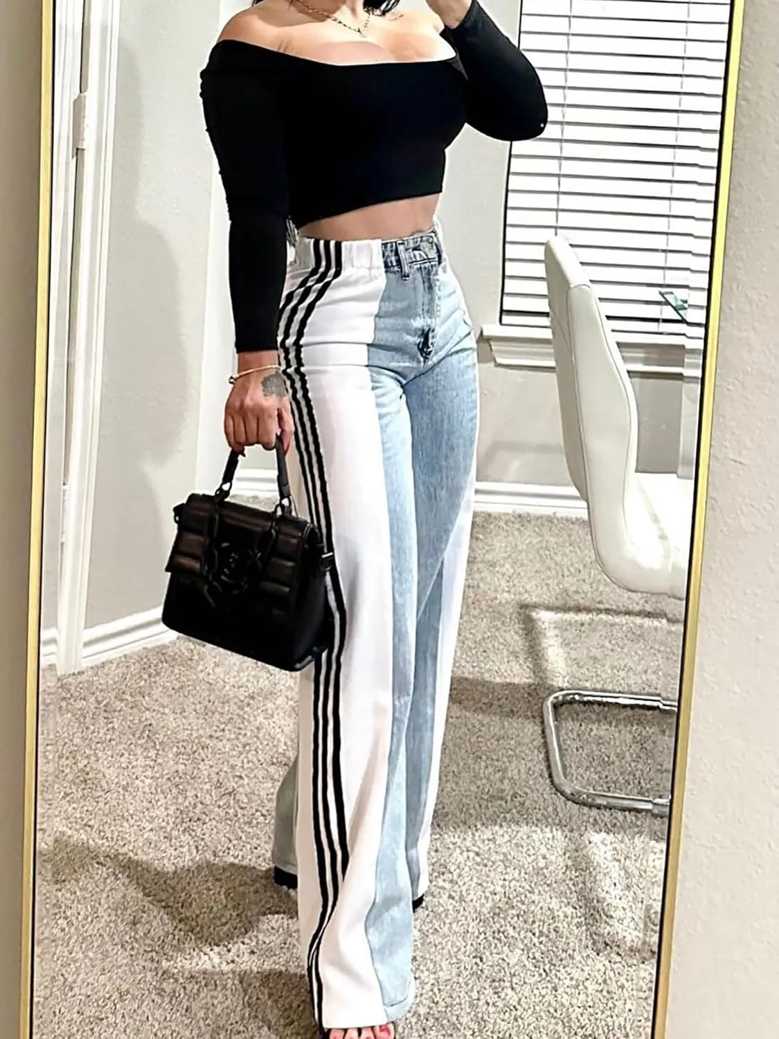 Conshvi Women's Wide Leg Jeans Striped Patchwork High Waisted Stretch Baggy Jeans Trendy Color Block Straight Leg Denim Pants