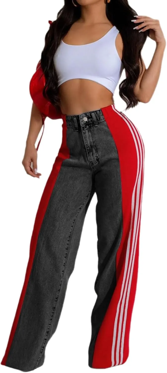 Conshvi Women's Wide Leg Jeans Striped Patchwork High Waisted Stretch Baggy Jeans Trendy Color Block Straight Leg Denim Pants