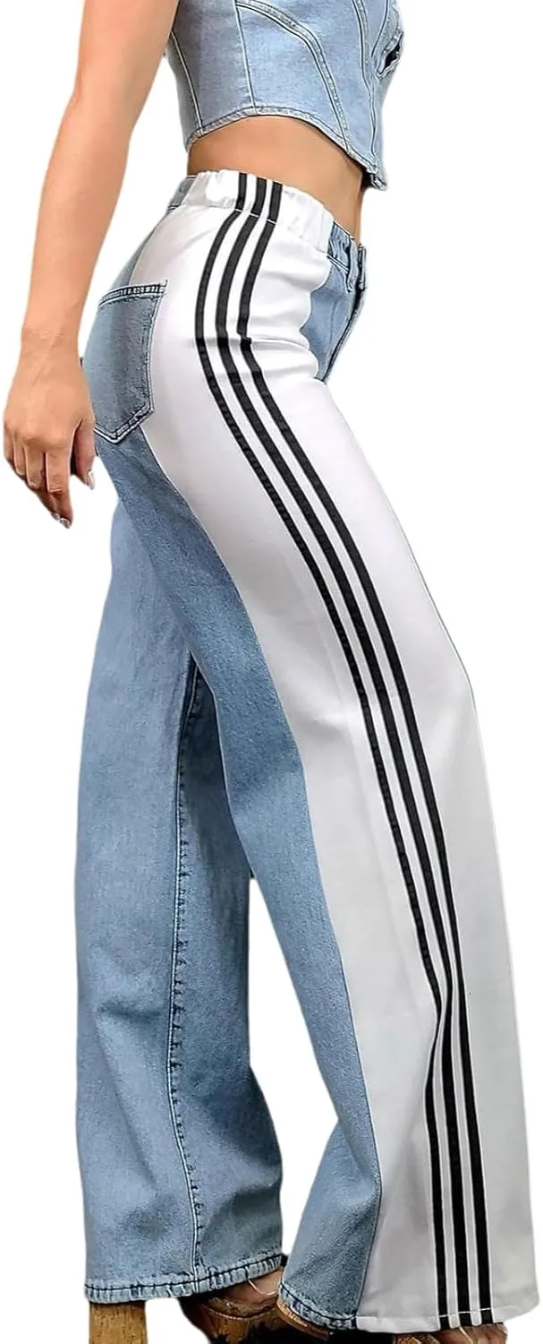 Conshvi Women's Wide Leg Jeans Striped Patchwork High Waisted Stretch Baggy Jeans Trendy Color Block Straight Leg Denim Pants