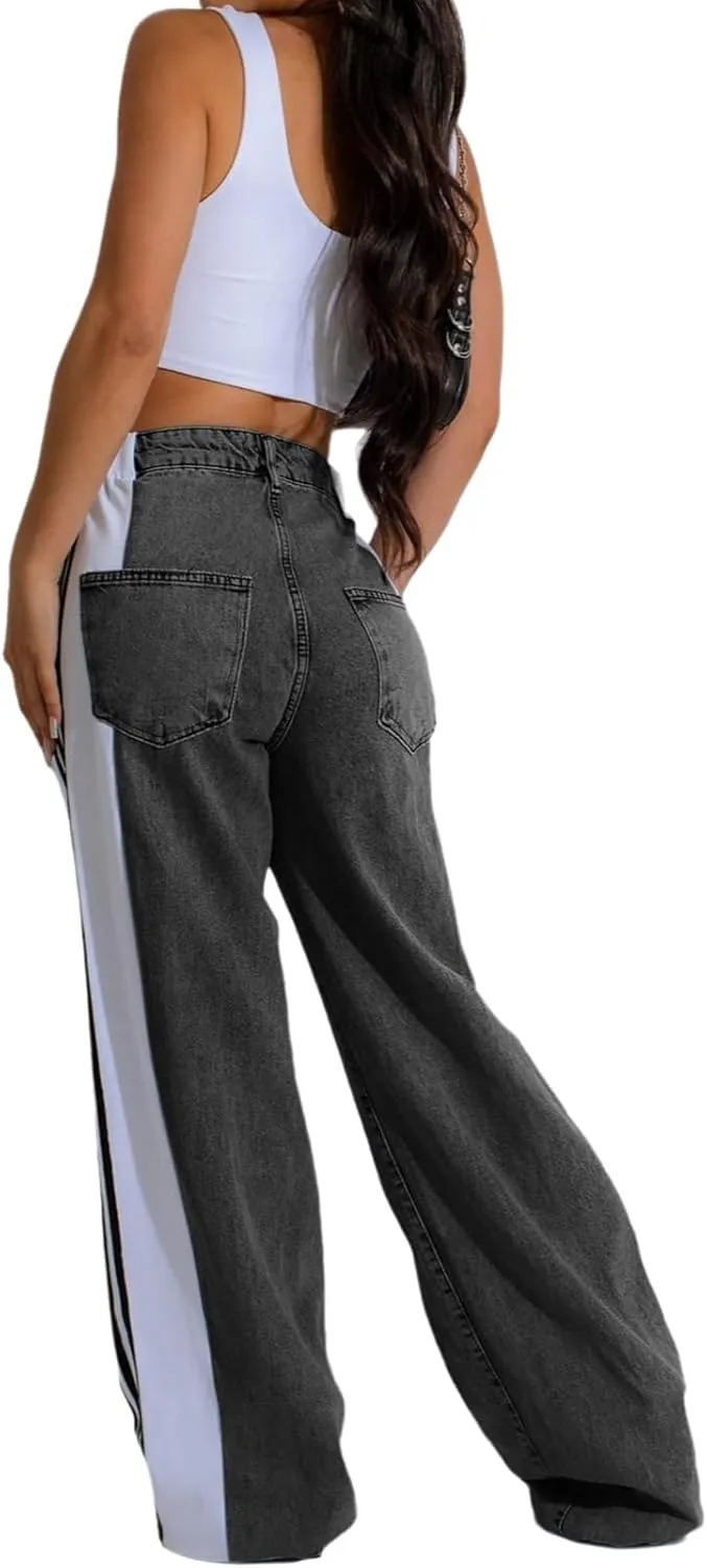 Conshvi Women's Wide Leg Jeans Striped Patchwork High Waisted Stretch Baggy Jeans Trendy Color Block Straight Leg Denim Pants