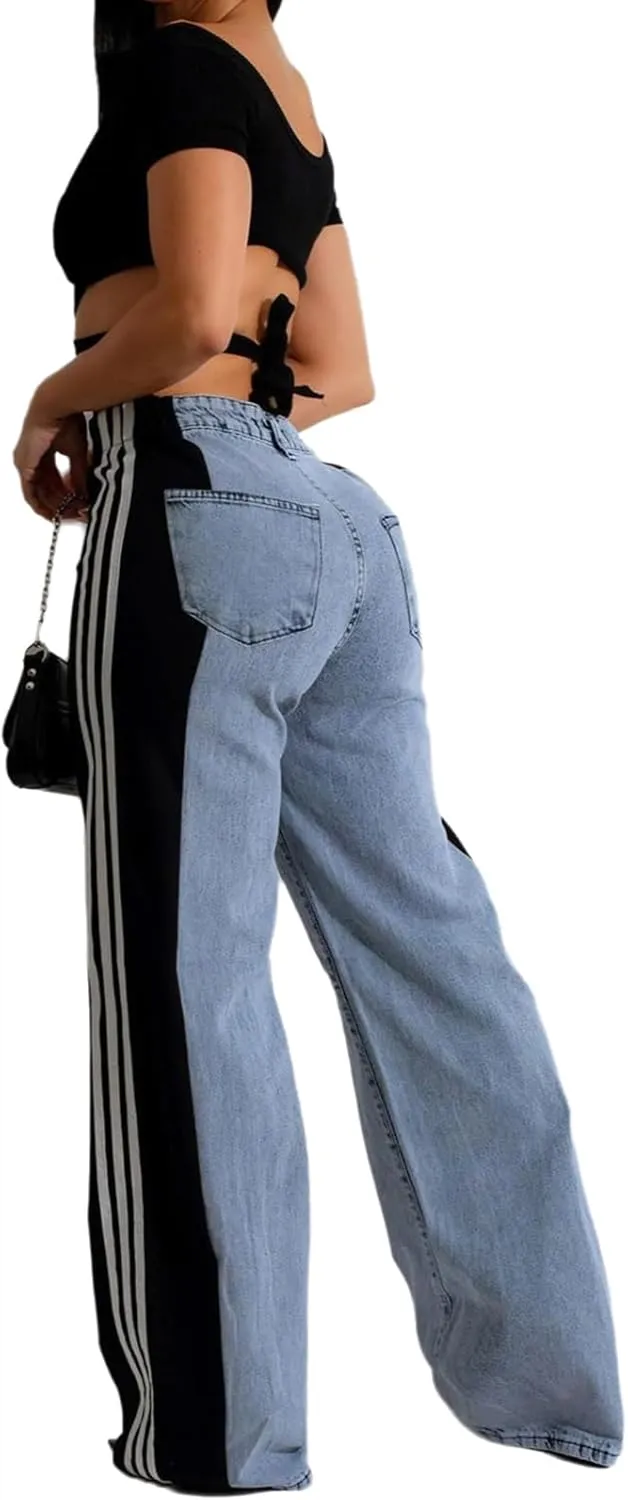 Conshvi Women's Wide Leg Jeans Striped Patchwork High Waisted Stretch Baggy Jeans Trendy Color Block Straight Leg Denim Pants