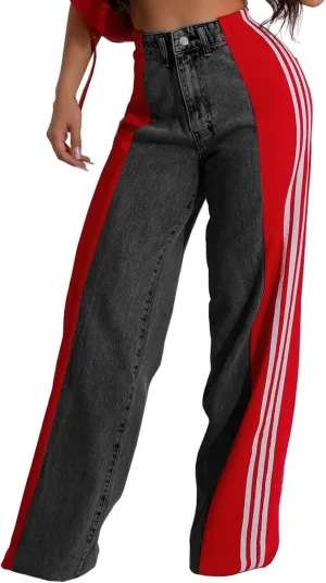Conshvi Women's Wide Leg Jeans Striped Patchwork High Waisted Stretch Baggy Jeans Trendy Color Block Straight Leg Denim Pants