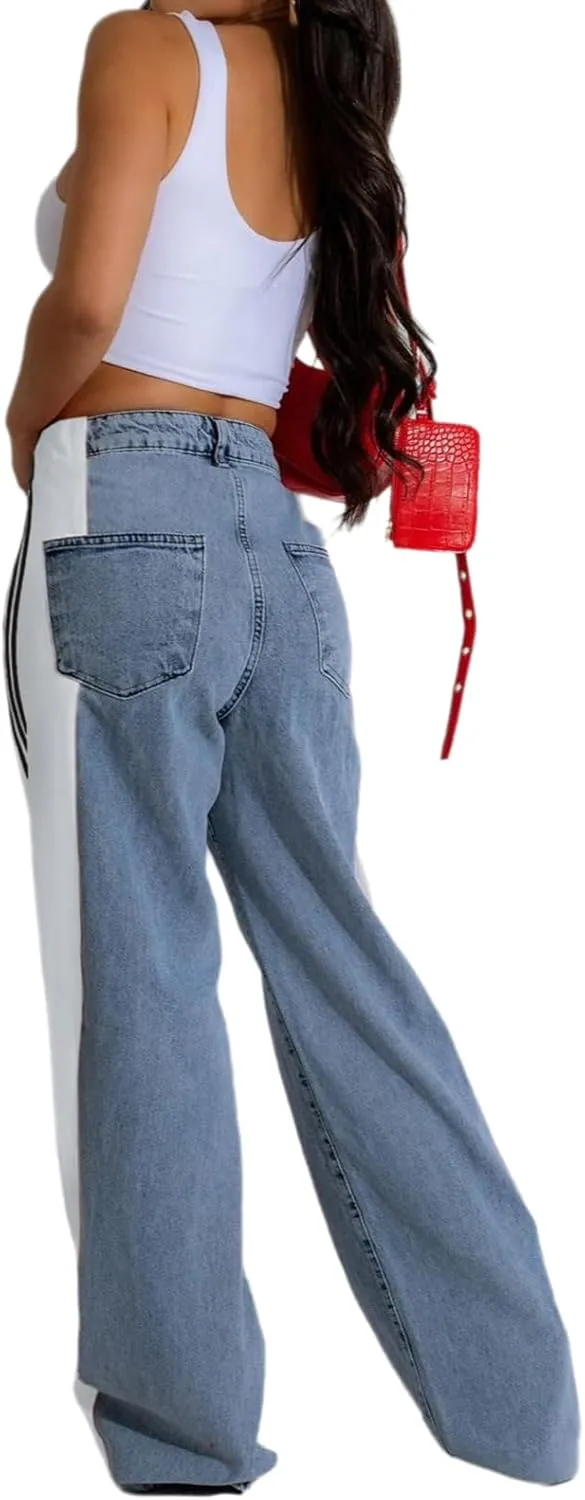 Conshvi Women's Wide Leg Jeans Striped Patchwork High Waisted Stretch Baggy Jeans Trendy Color Block Straight Leg Denim Pants