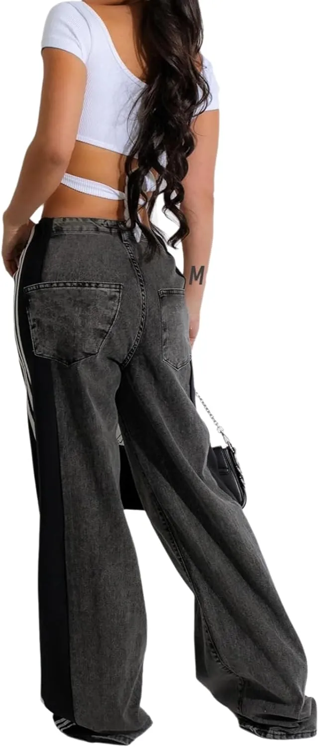 Conshvi Women's Wide Leg Jeans Striped Patchwork High Waisted Stretch Baggy Jeans Trendy Color Block Straight Leg Denim Pants