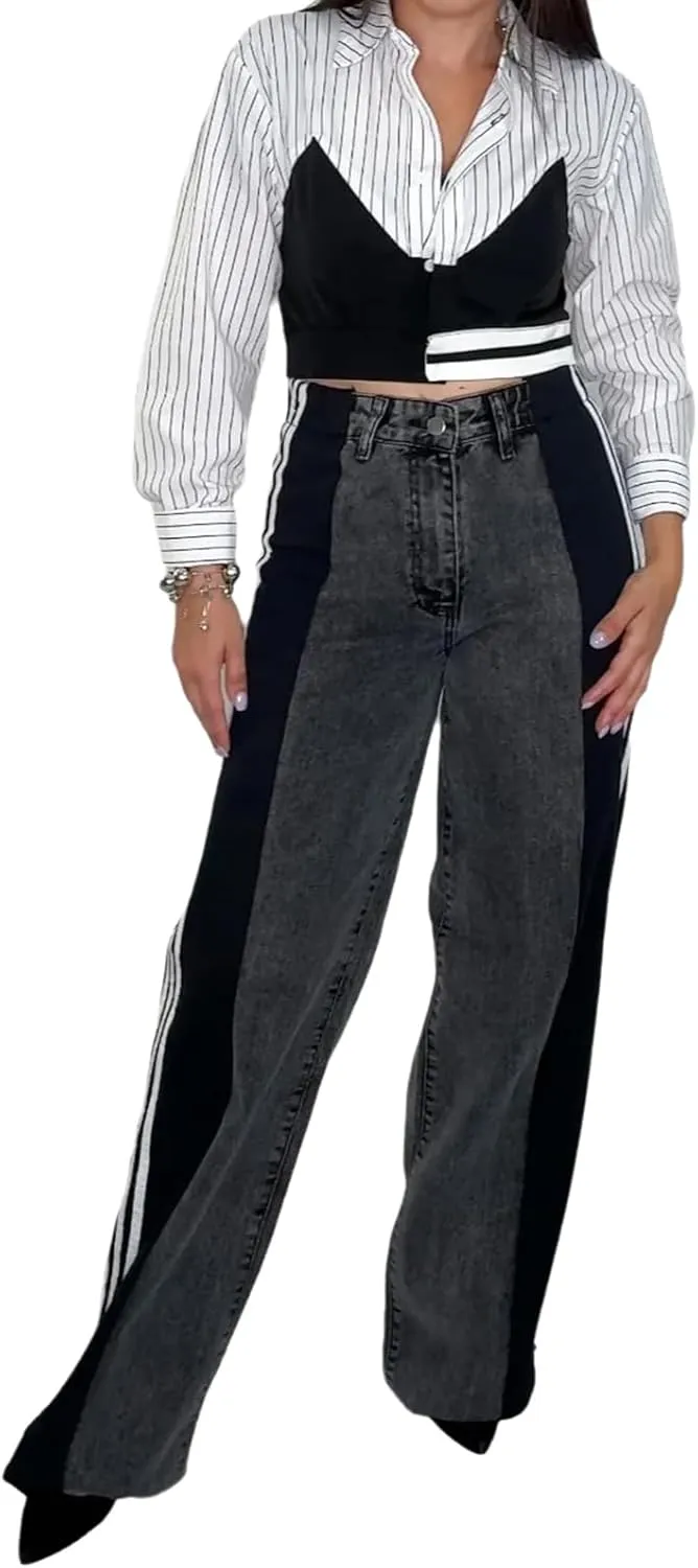 Conshvi Women's Wide Leg Jeans Striped Patchwork High Waisted Stretch Baggy Jeans Trendy Color Block Straight Leg Denim Pants