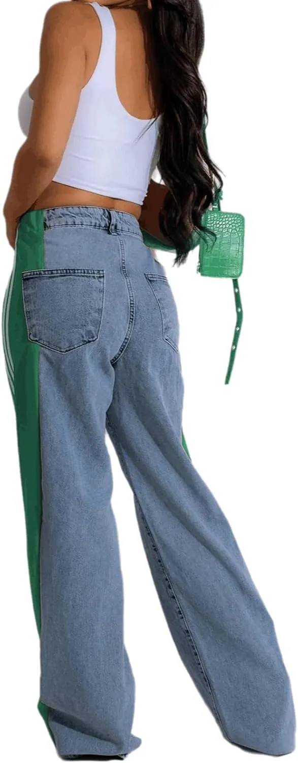 Conshvi Women's Wide Leg Jeans Striped Patchwork High Waisted Stretch Baggy Jeans Trendy Color Block Straight Leg Denim Pants