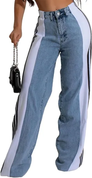 Conshvi Women's Wide Leg Jeans Striped Patchwork High Waisted Stretch Baggy Jeans Trendy Color Block Straight Leg Denim Pants