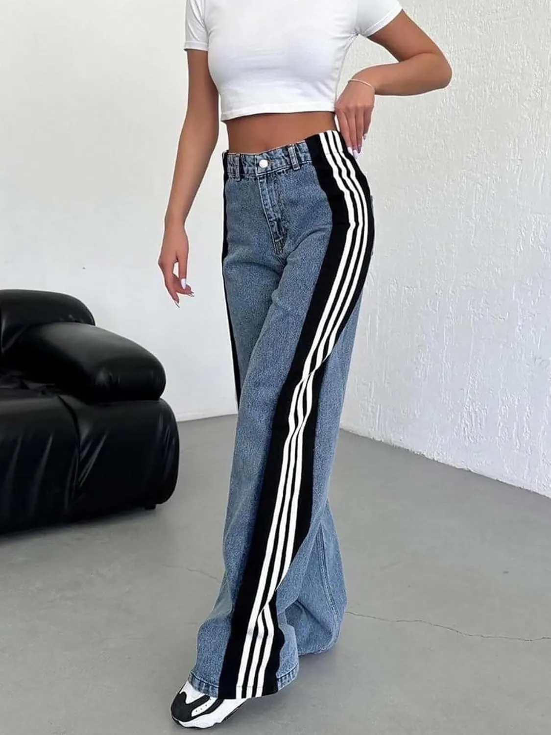 Conshvi Women's Wide Leg Jeans Striped Patchwork High Waisted Stretch Baggy Jeans Trendy Color Block Straight Leg Denim Pants