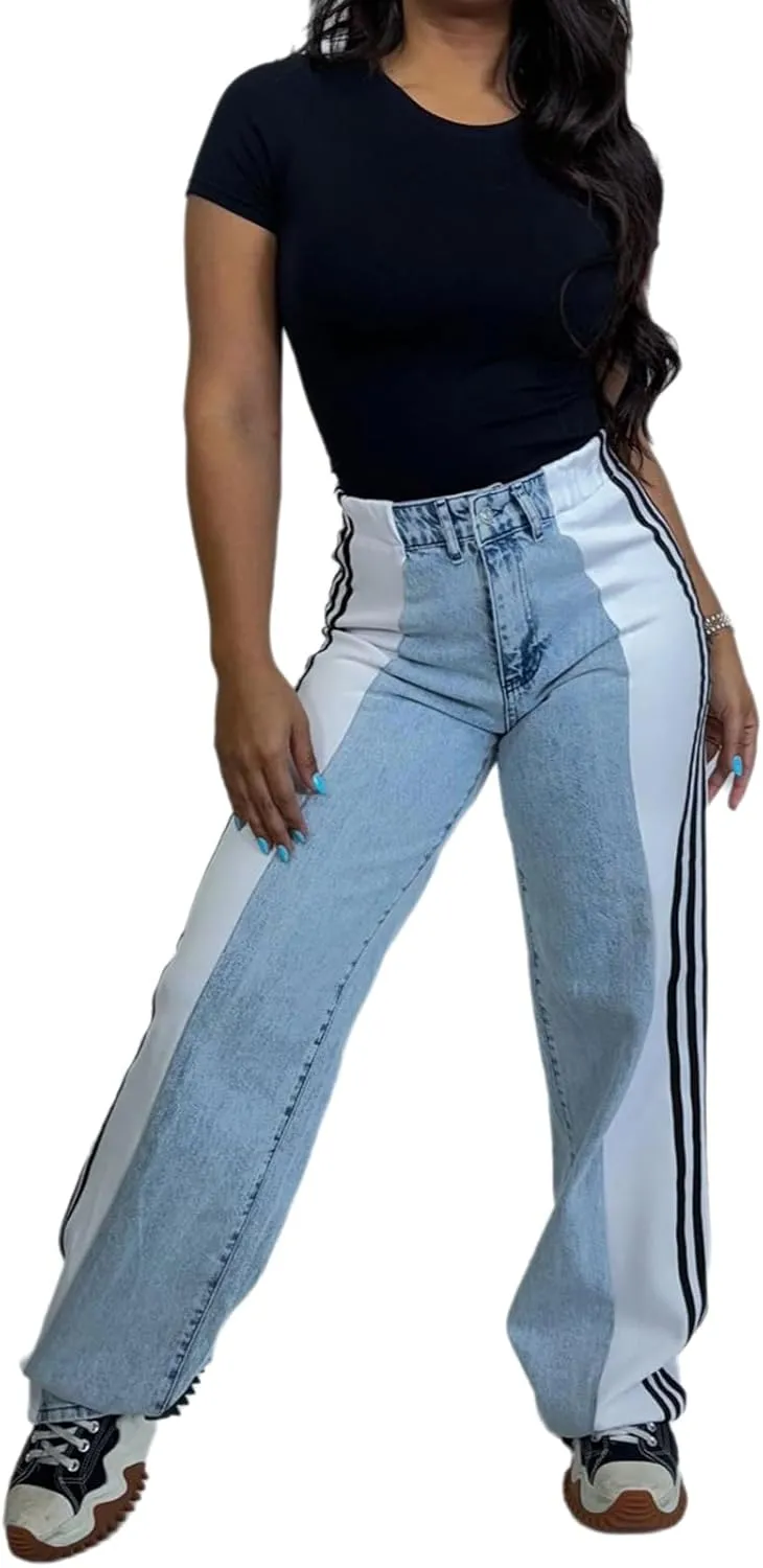 Conshvi Women's Wide Leg Jeans Striped Patchwork High Waisted Stretch Baggy Jeans Trendy Color Block Straight Leg Denim Pants