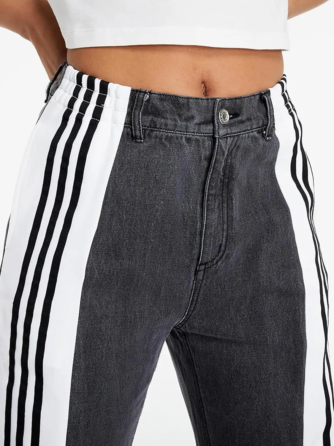 Conshvi Women's Wide Leg Jeans Striped Patchwork High Waisted Stretch Baggy Jeans Trendy Color Block Straight Leg Denim Pants