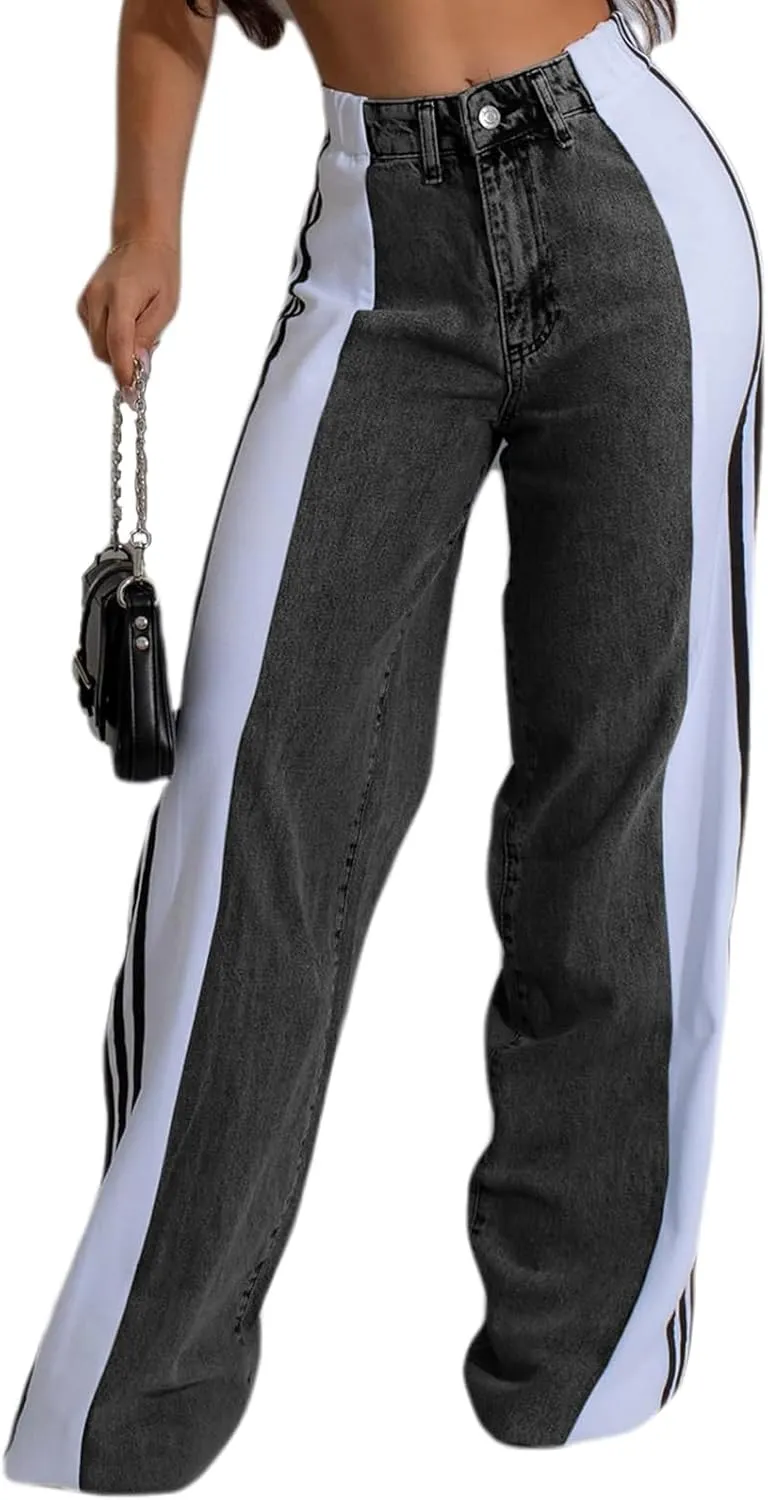Conshvi Women's Wide Leg Jeans Striped Patchwork High Waisted Stretch Baggy Jeans Trendy Color Block Straight Leg Denim Pants