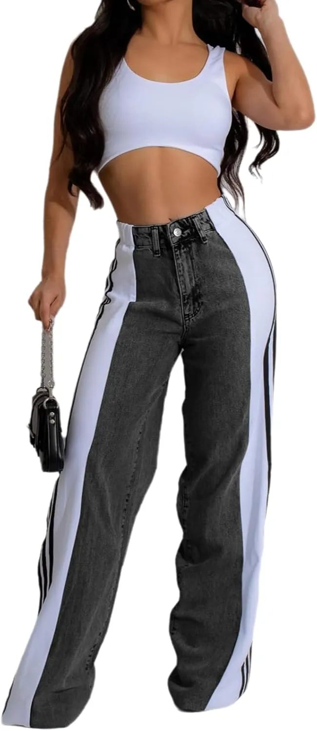 Conshvi Women's Wide Leg Jeans Striped Patchwork High Waisted Stretch Baggy Jeans Trendy Color Block Straight Leg Denim Pants