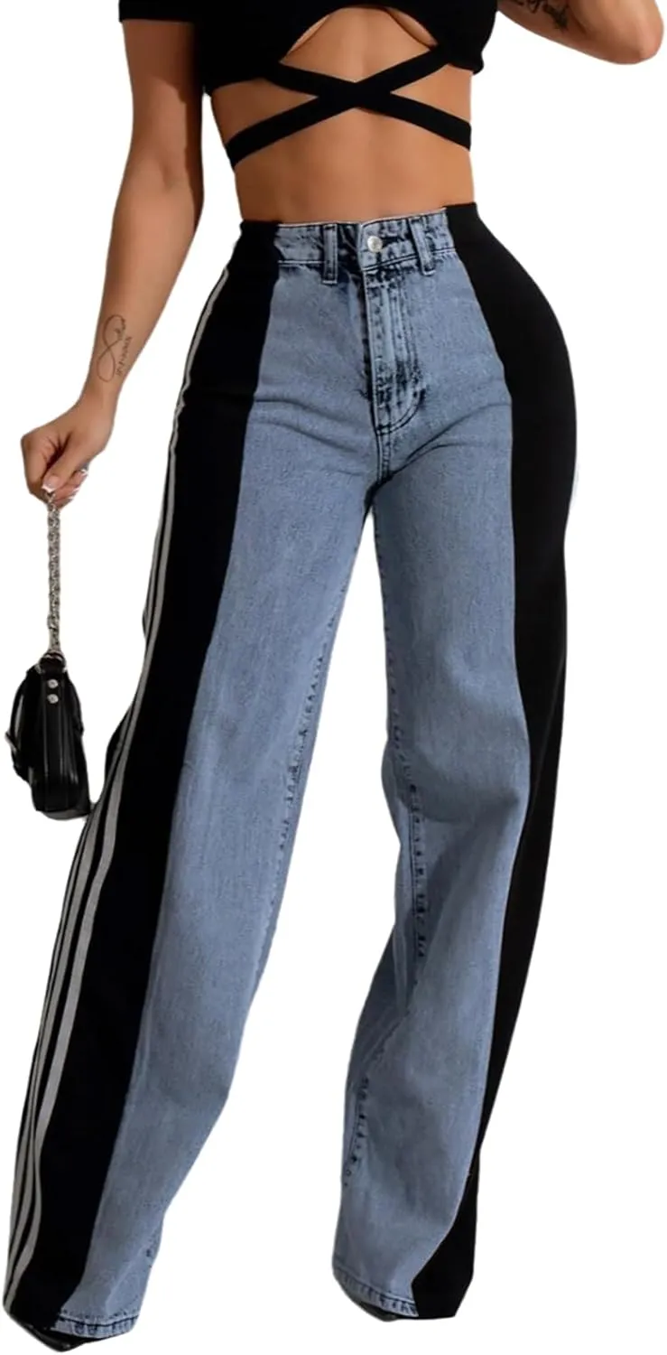 Conshvi Women's Wide Leg Jeans Striped Patchwork High Waisted Stretch Baggy Jeans Trendy Color Block Straight Leg Denim Pants