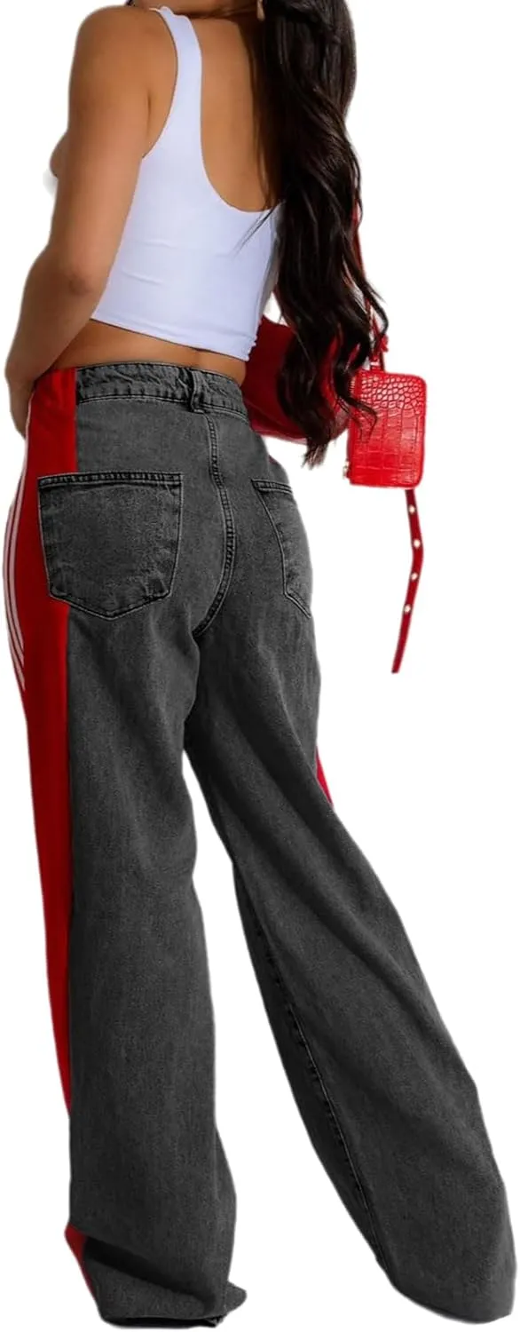 Conshvi Women's Wide Leg Jeans Striped Patchwork High Waisted Stretch Baggy Jeans Trendy Color Block Straight Leg Denim Pants