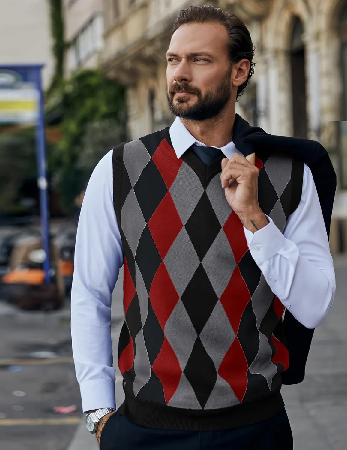 COOFANDY Men's Sleeveless V Neck Pullover Sweater Slim Fit Casual Argyle Sweater Vest