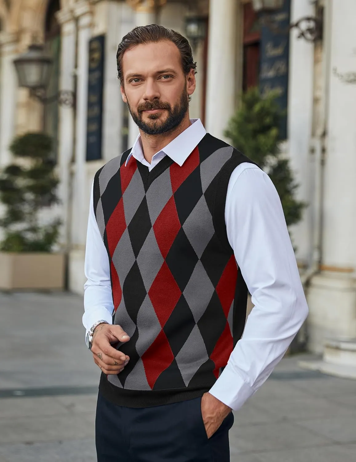 COOFANDY Men's Sleeveless V Neck Pullover Sweater Slim Fit Casual Argyle Sweater Vest