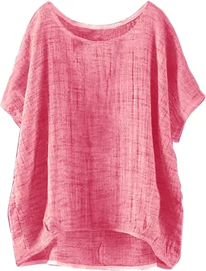Cotton Linen T Shirts Women Summer Trendy Short Sleeve Round Neck Boxy Tops Comfy Casual Gauze Tops Vacation Blouses