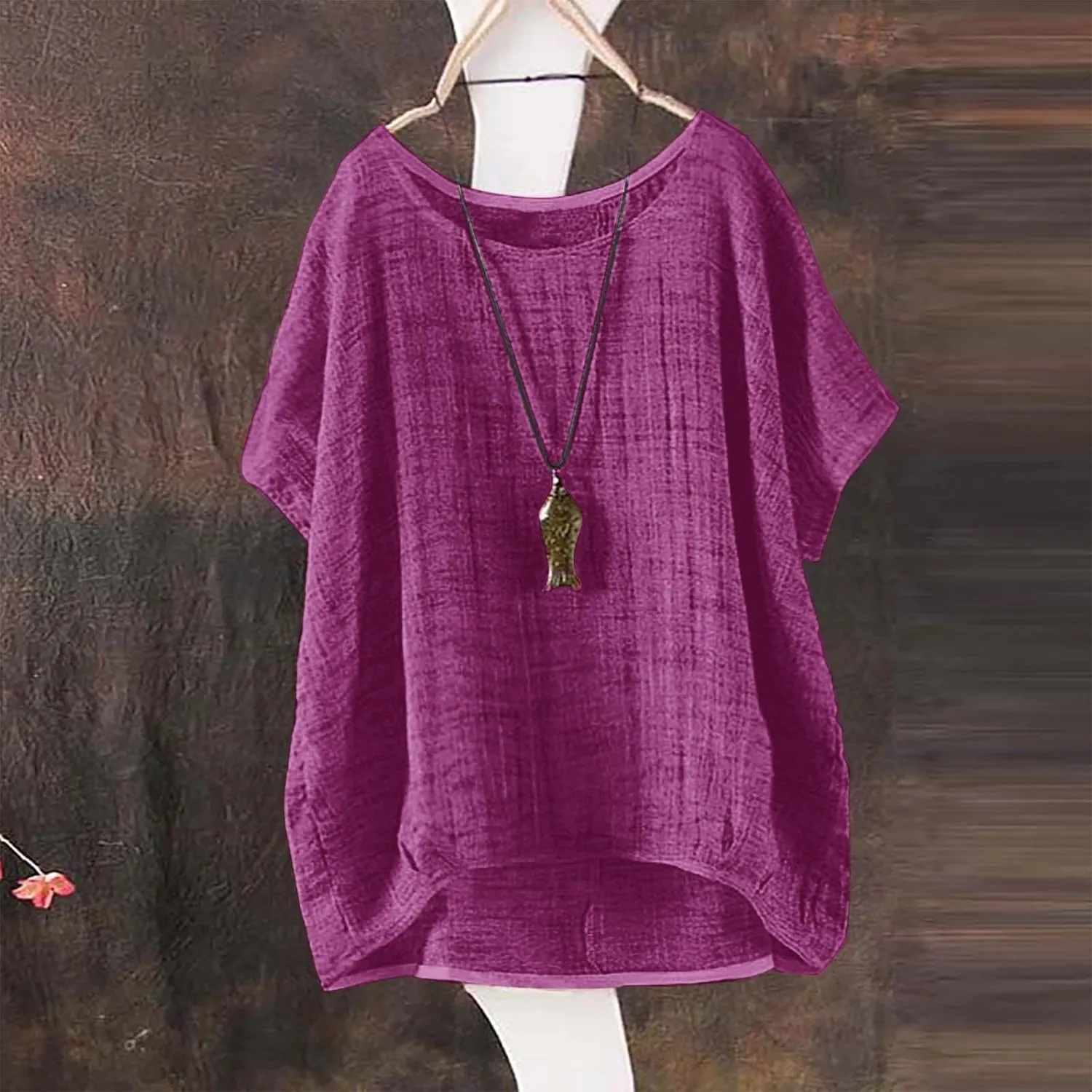 Cotton Linen T Shirts Women Summer Trendy Short Sleeve Round Neck Boxy Tops Comfy Casual Gauze Tops Vacation Blouses