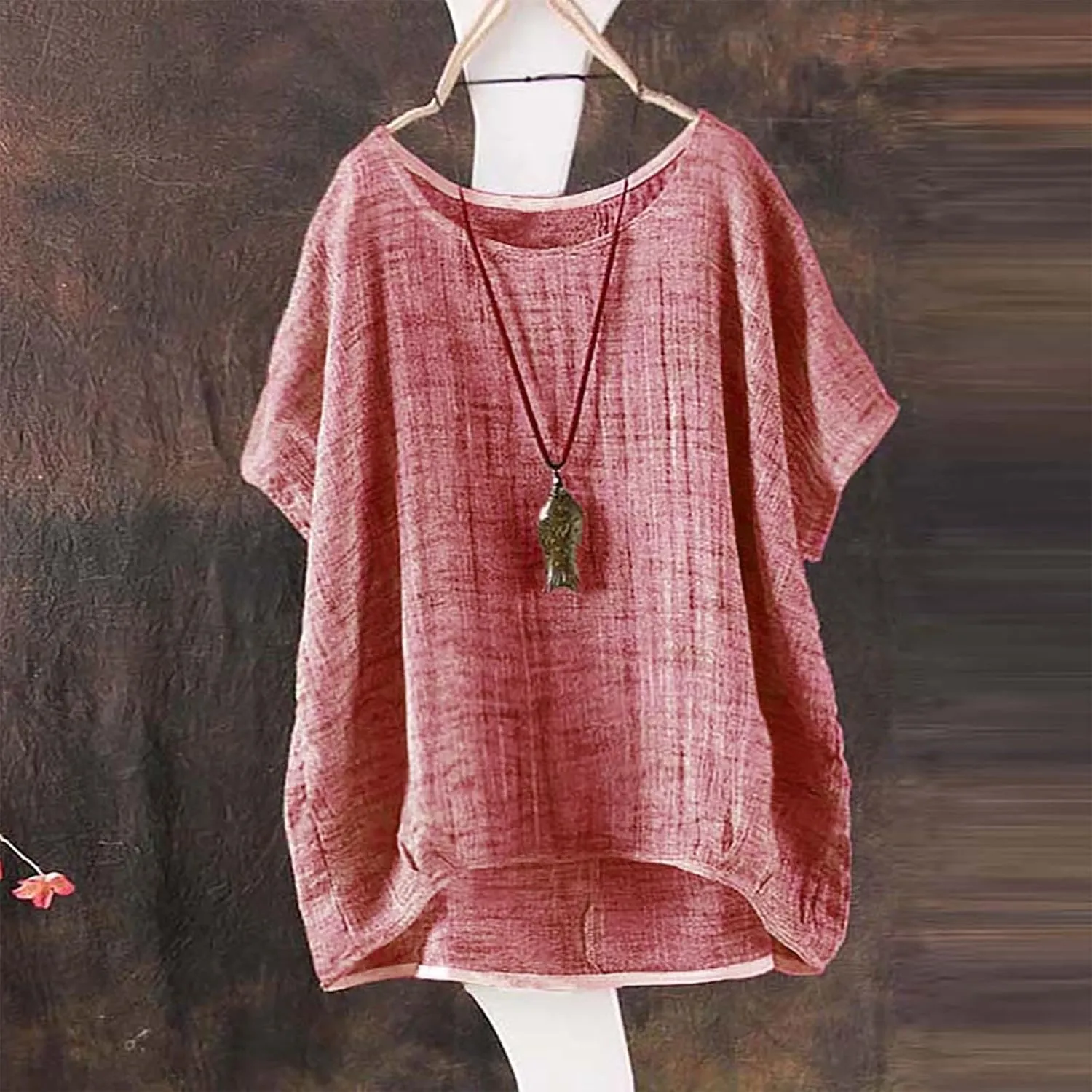 Cotton Linen T Shirts Women Summer Trendy Short Sleeve Round Neck Boxy Tops Comfy Casual Gauze Tops Vacation Blouses