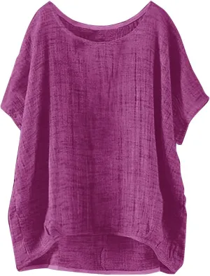 Cotton Linen T Shirts Women Summer Trendy Short Sleeve Round Neck Boxy Tops Comfy Casual Gauze Tops Vacation Blouses