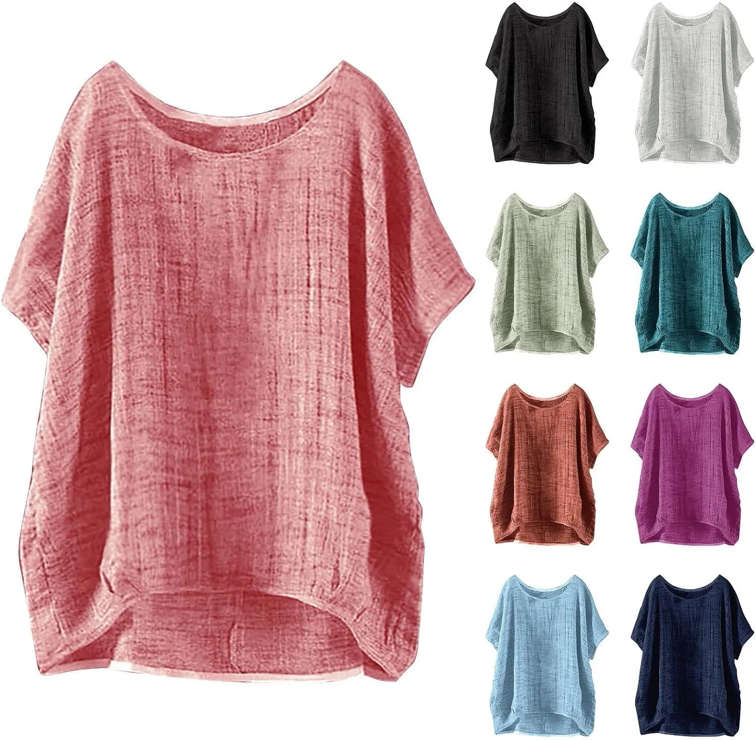 Cotton Linen T Shirts Women Summer Trendy Short Sleeve Round Neck Boxy Tops Comfy Casual Gauze Tops Vacation Blouses
