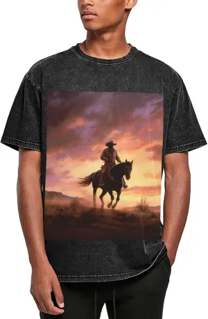 Cowboy West Mens Oversized T Shirts Vintage Cotton Short Sleeves Casual Summer Tee Washed Unisex Tops