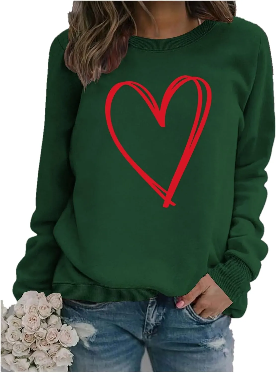 Crewneck Sweatshirts Women Valentine's Day Sweatshirt Love Heart Grahic Print Long Sleeve Pullover Casual Tops