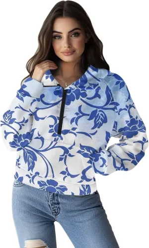 Cropped Hoodies Women Fall Winter Sweatshirt with Kangaroo Pocket Half Zip Hoodies Sweater Jacket Coat, S-2XL