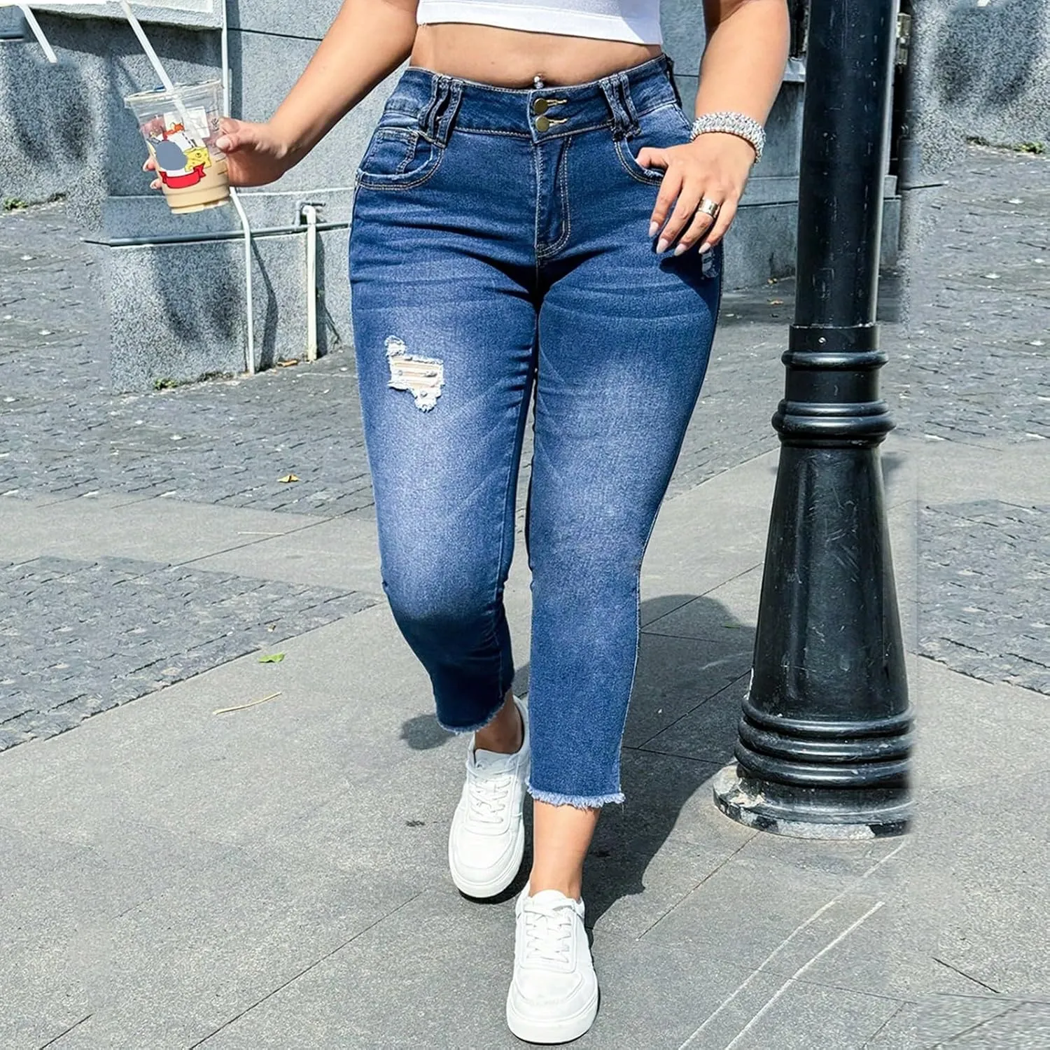 Cropped Jeans for Women Stretchy High Waisted Destroyed Ripped Skinny Jeans Distressed Stretch Denim Pants w/Pockets