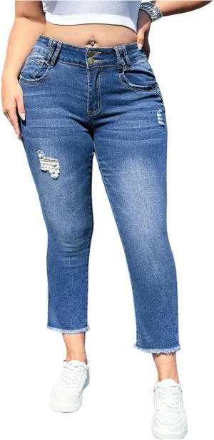 Cropped Jeans for Women Stretchy High Waisted Destroyed Ripped Skinny Jeans Distressed Stretch Denim Pants w/Pockets