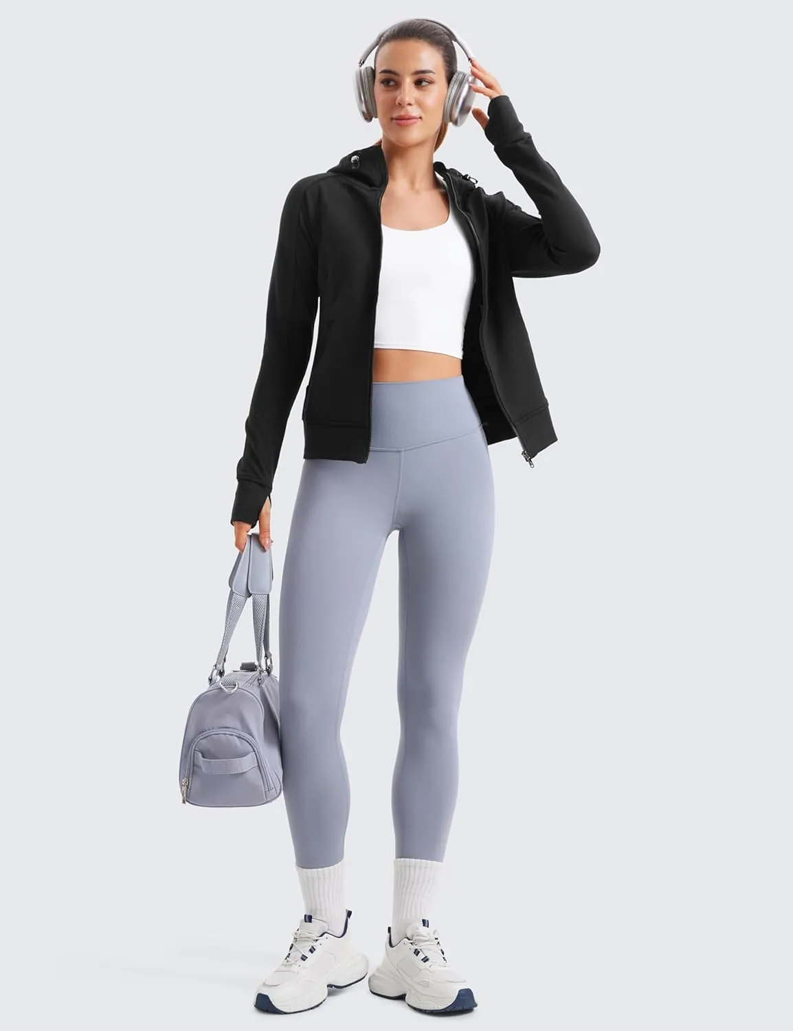 CRZ YOGA Womens Fleece Full Zip Hoodie Jackets Workout Hooded Zipper Basic Casual Sweatshirts with Thumb Holes