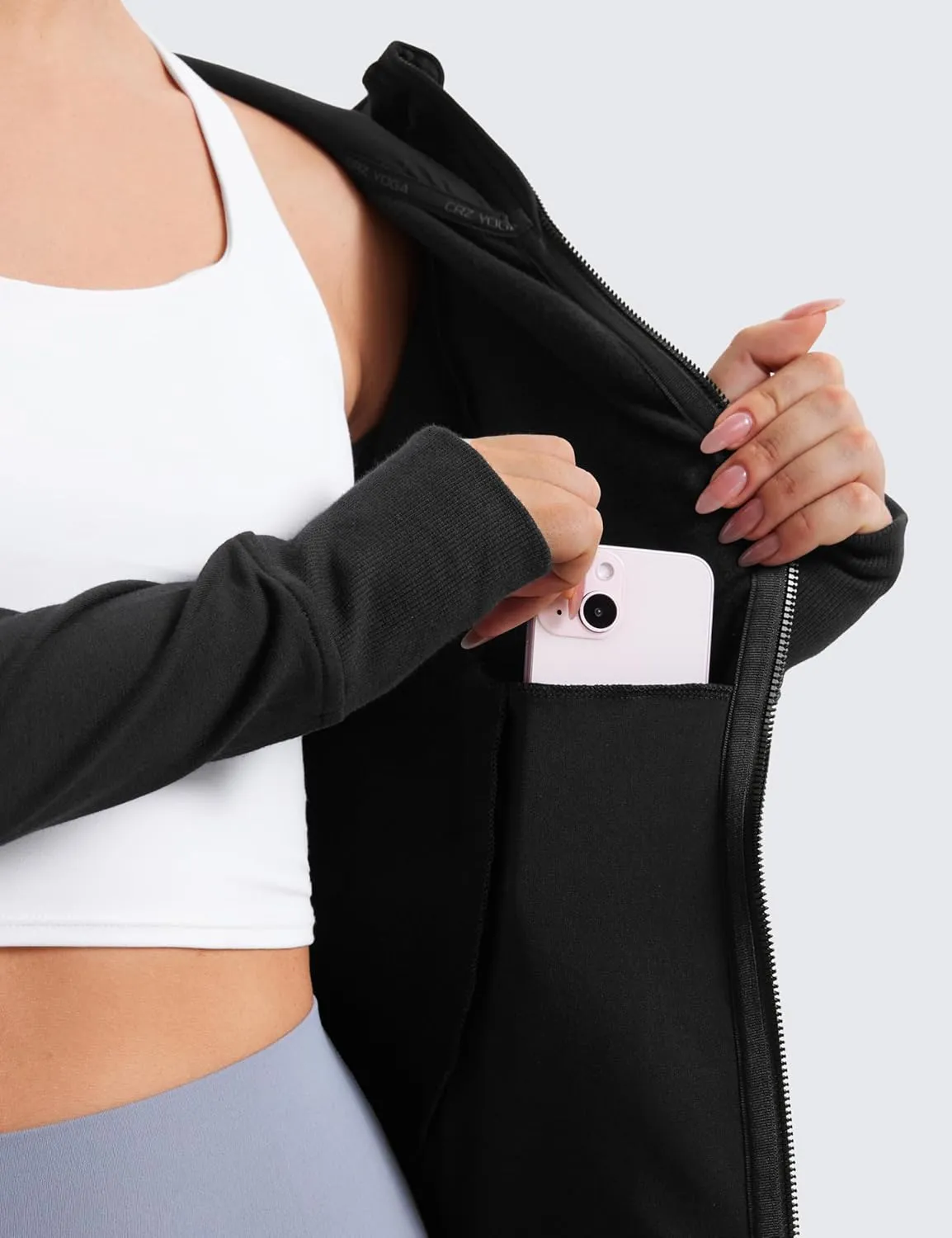 CRZ YOGA Womens Fleece Full Zip Hoodie Jackets Workout Hooded Zipper Basic Casual Sweatshirts with Thumb Holes