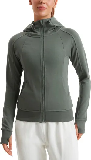 CRZ YOGA Womens Fleece Full Zip Hoodie Jackets Workout Hooded Zipper Basic Casual Sweatshirts with Thumb Holes