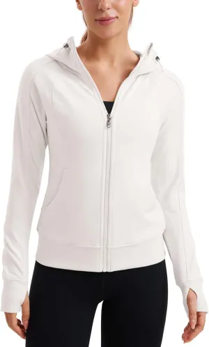 CRZ YOGA Womens Fleece Full Zip Hoodie Jackets Workout Hooded Zipper Basic Casual Sweatshirts with Thumb Holes